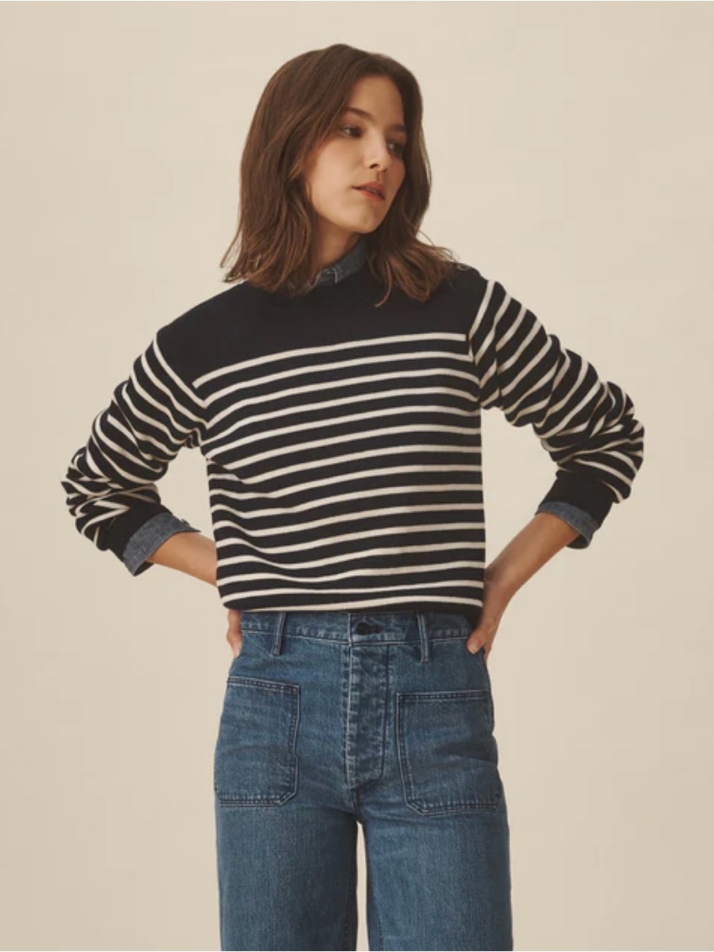 Buck Mason 100% Cotton Breton Stripe Sweater Navy Cream Side Slit Medium